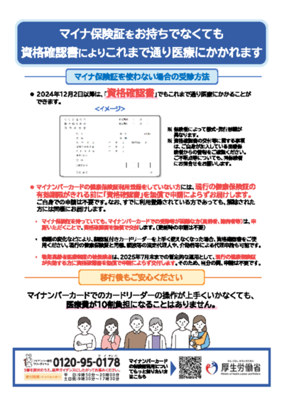 マイナ保険証をお持ちでなくても資格確認書によりこれまで通り医療にかかれます。